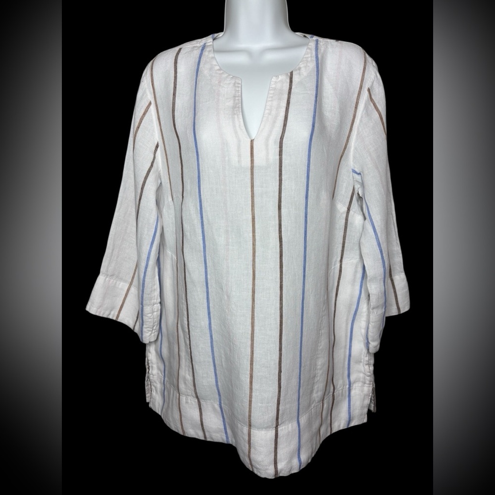 Lands End Striped Linen Tunic W/Pockets V Neck Beachy